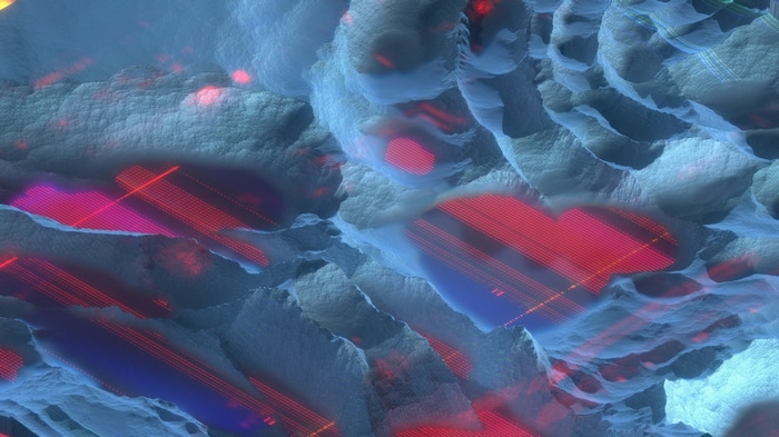 Abstract textured surface with red light patterns