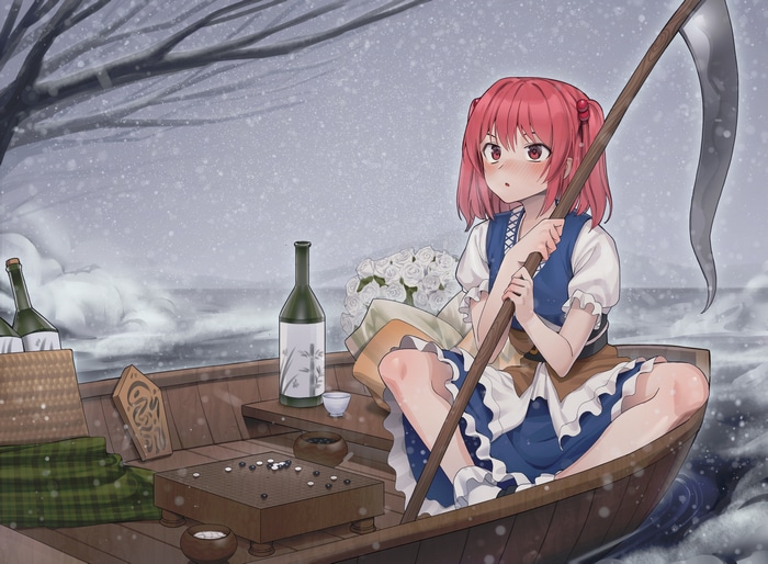 Onozuka Komachi rowing a boat with a scythe in the snow