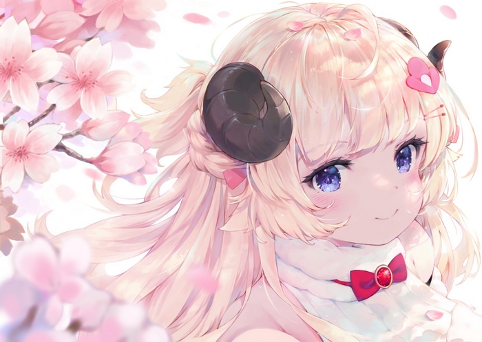 Anime girl with blonde hair and blue eyes with cherry blossoms