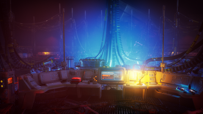 The Ascent cyberpunk control room with glowing screens
