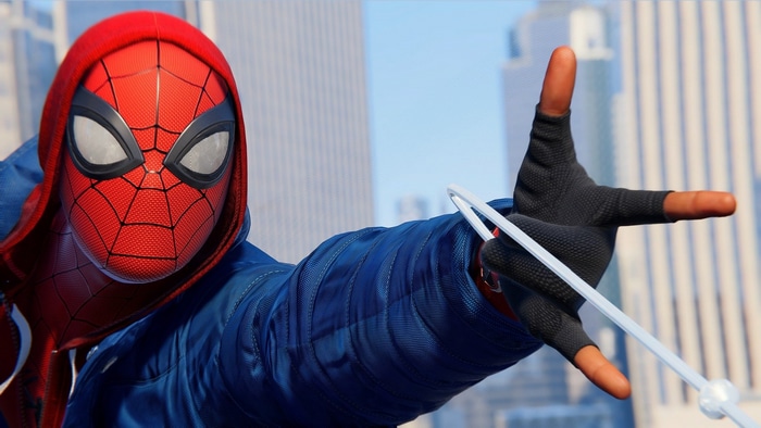 Spider-Man with a blue jacket and red hood