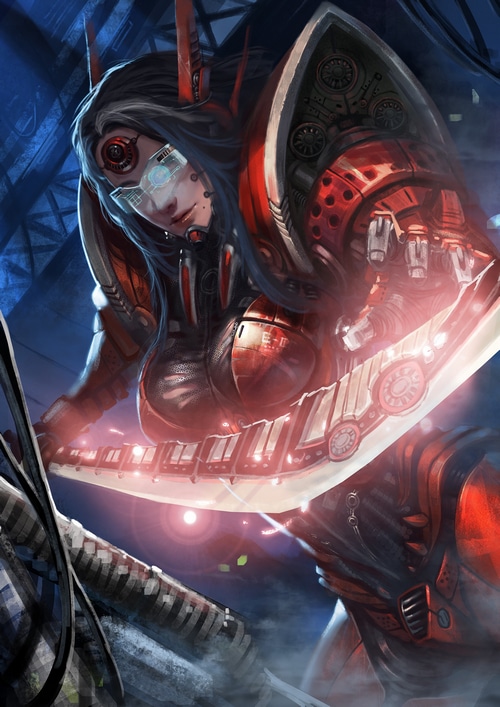 San Mufan character in red armor with cybernetic glasses