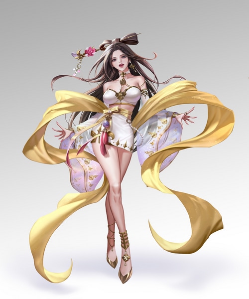 Woman with long dark hair and ornate dress