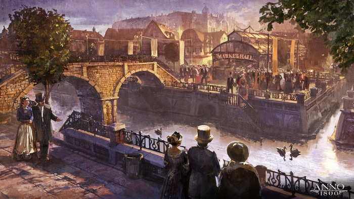 Anno 1800 concept art of a bustling city canal