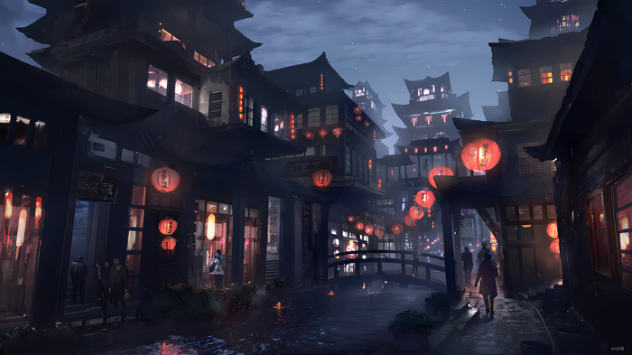 Asian architecture at night with lanterns