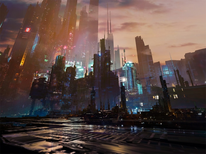 Cyberpunk cityscape at dusk with city lights