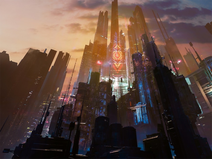 Cyberpunk cityscape with towering skyscrapers at dusk