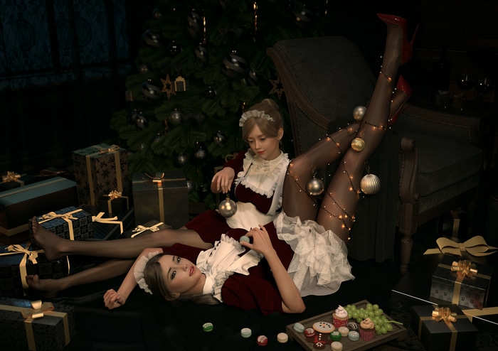 Women in maid outfits with Christmas decorations