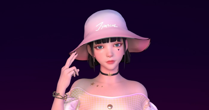Woman with pink hat and choker