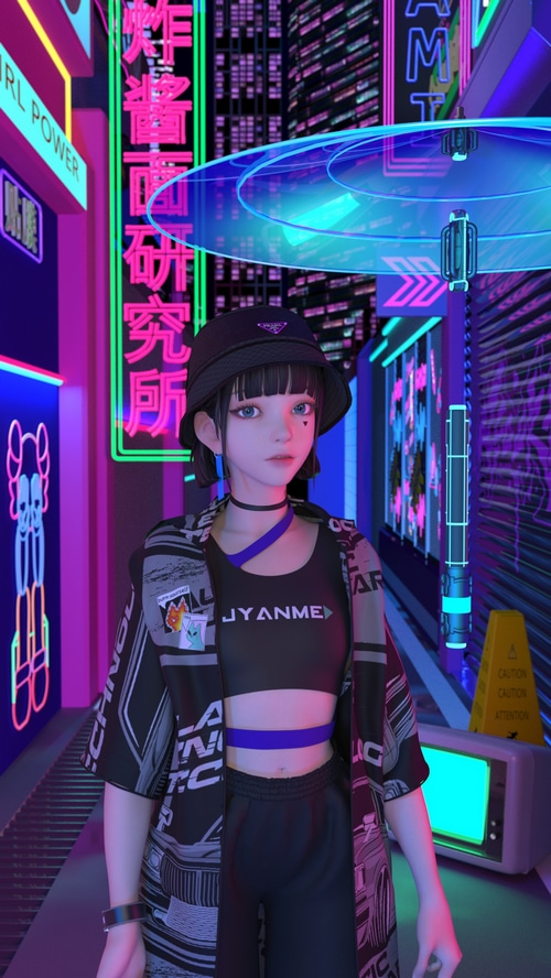 Woman in cyberpunk alley with neon signs