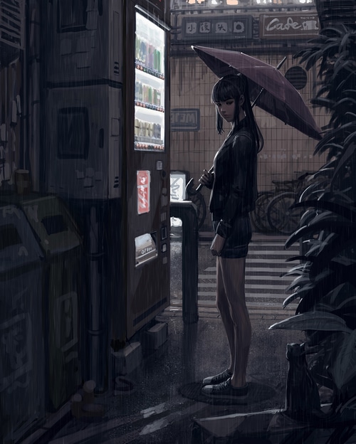 Artwork by GUWEIZ: Girl with Umbrella in Rain
