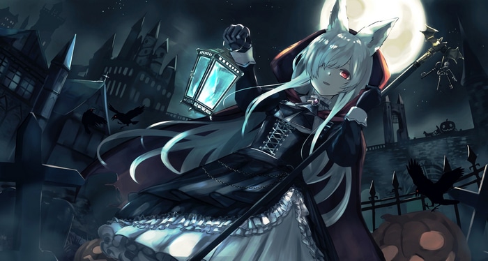 Halloween Gothic Lolita Girl with Lantern and Staff