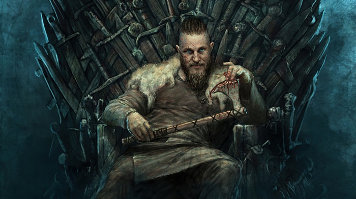Ragnar Lodbrok on the Iron Throne with an axe