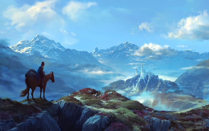 Fantasy art of a person on a horse overlooking mountains and a castle
