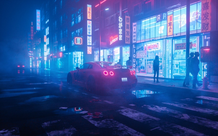 Red sports car in a neon-lit cyberpunk city street