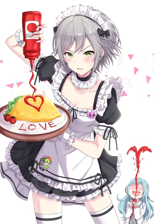 Maid decorating omurice with ketchup