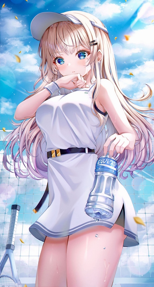 Anime girl in sportswear with Pocari Sweat bottle