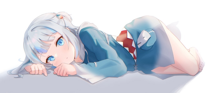 Gawr Gura lying on side, gray hair, blue eyes