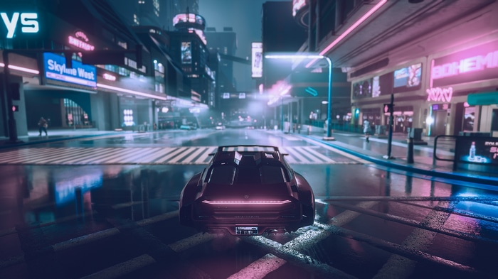 Cyberpunk 2077 car on a wet neon city street