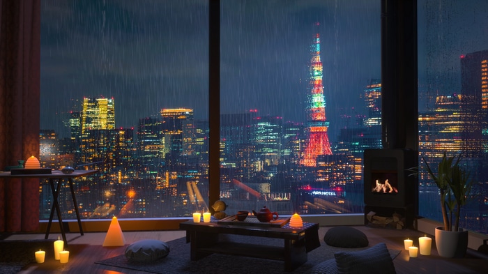 Cozy apartment overlooking Tokyo cityscape on a rainy night