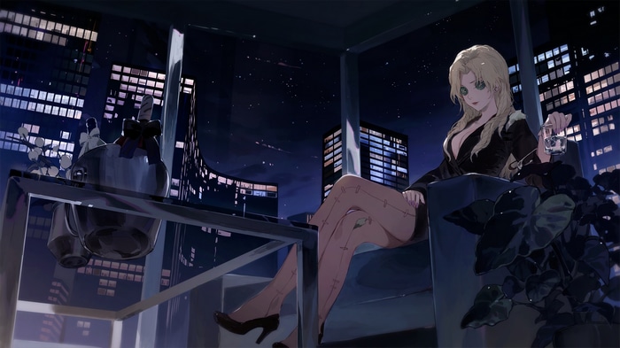 Anime girl in black suit holding a glass at night