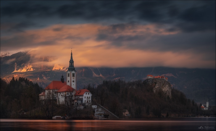 Lake Bled with Church and Castle in Slovenia at Sunset
