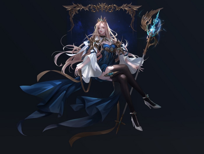 Fantasy art of a blonde woman with a crown and staff