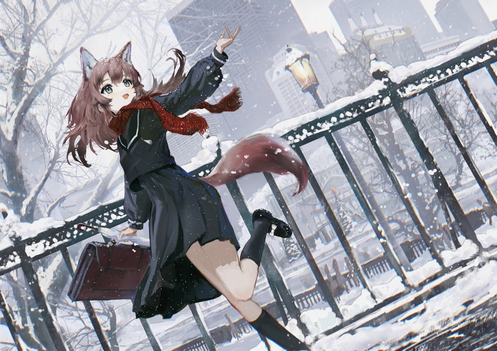 Fox girl in school uniform in snow