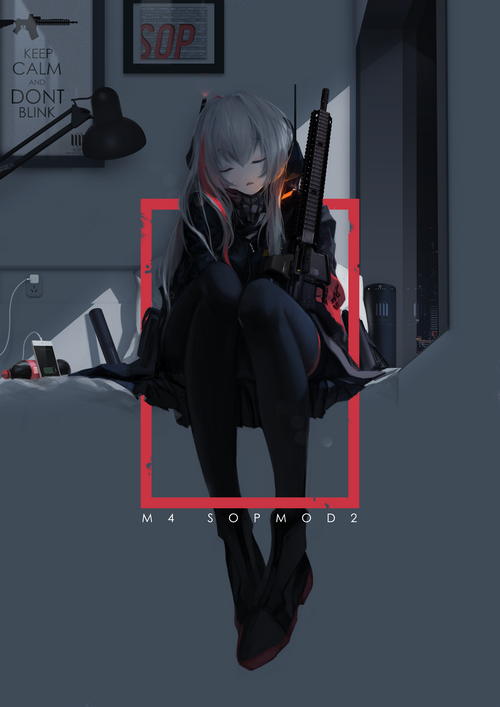 M4 SOPMOD II from Girls Frontline sleeping with a rifle