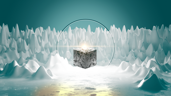 Abstract 3D cube on a wavy landscape