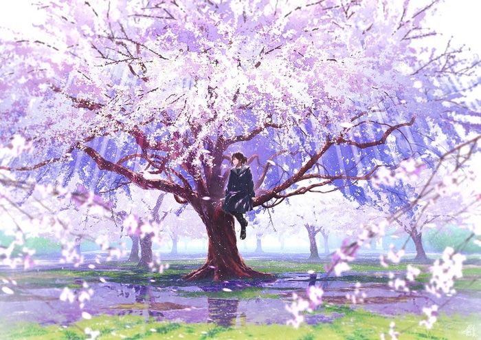 Girl in school uniform sitting on a cherry blossom tree