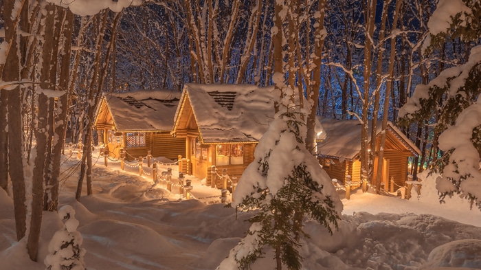 Cozy cabins in a snowy forest at night