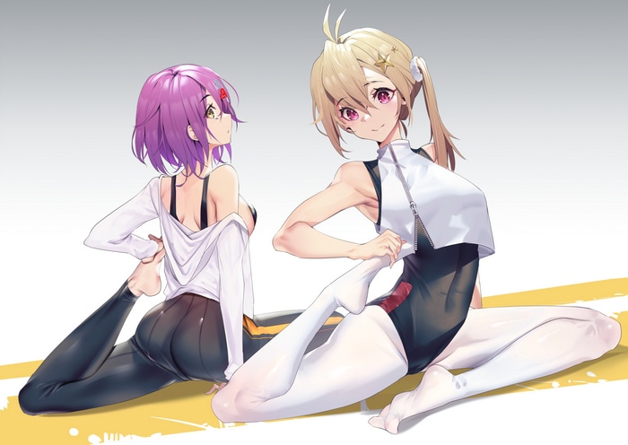 Two anime girls stretching in yoga poses