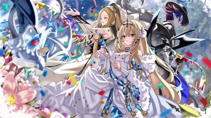 Alchemy Stars Characters with Dragons and Confetti