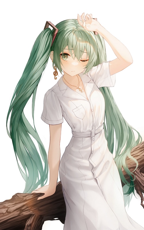 Hatsune Miku in a white dress sitting on a log