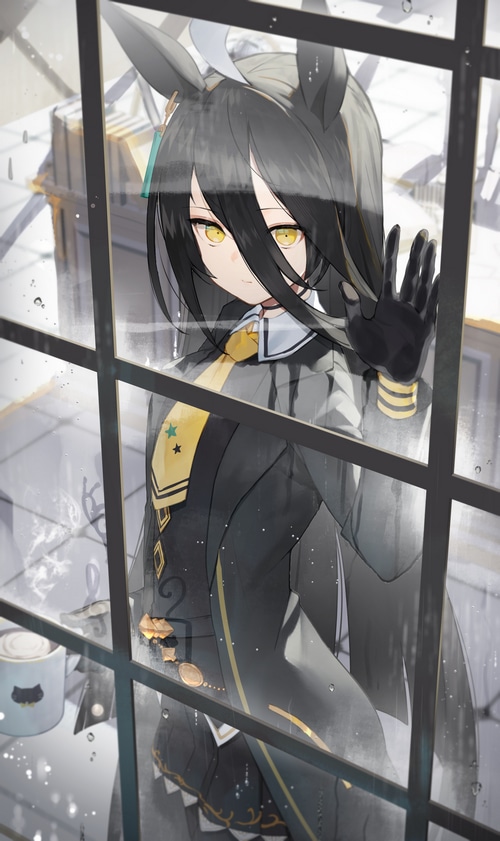 Manhattan Cafe from Uma Musume Pretty Derby looking through a window