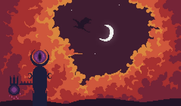 The Eye of Sauron pixel art with a crescent moon