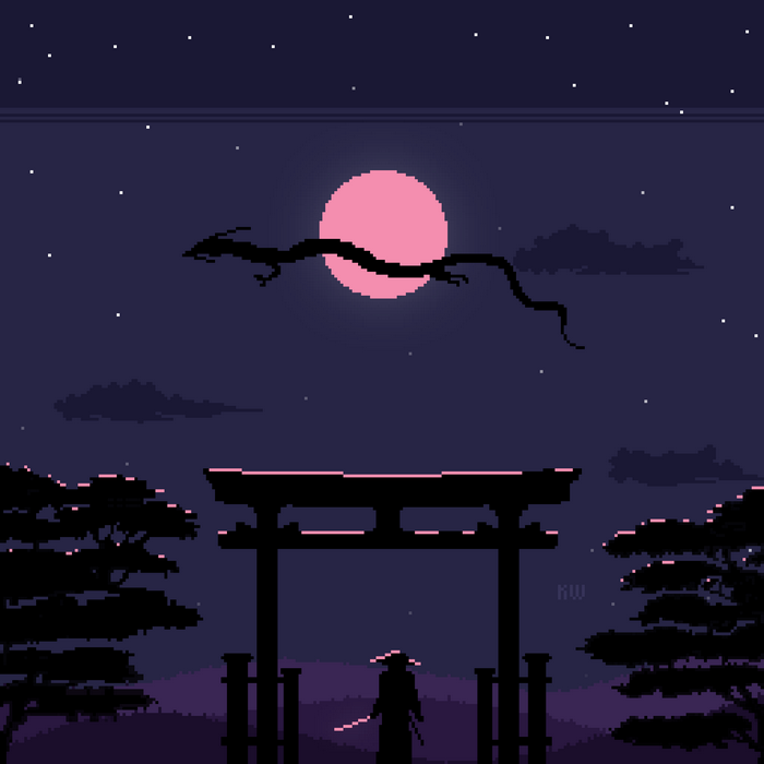Pixel art dragon flying over a Japanese torii gate at night