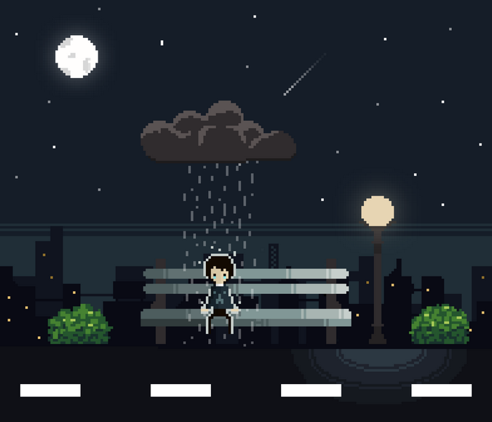 Pixel art of a person sitting on a bench in the rain at night
