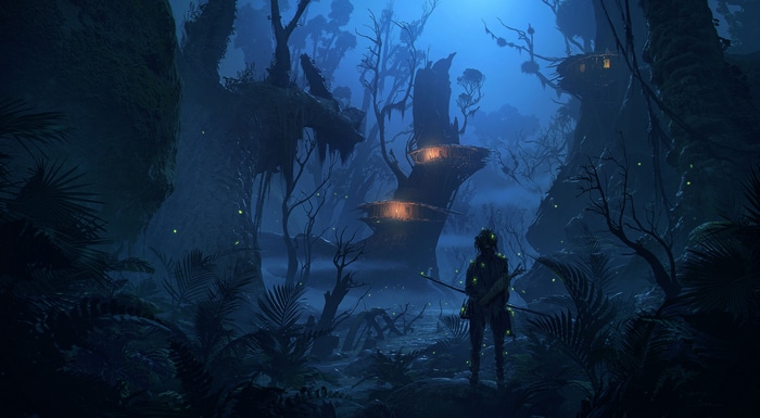 Fantasy art of a dark forest with glowing lights