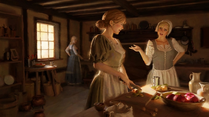 Medieval women in a kitchen, artwork