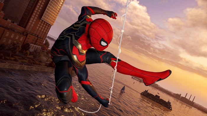 4K Spider-Man swinging over water
