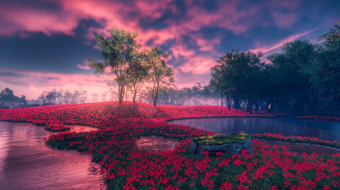 4K Ghost of Tsushima red flowers and trees