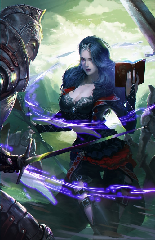 Fantasy art of a sorceress casting a spell on knights
