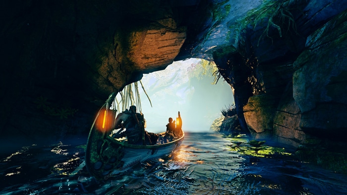 4K God of War: Kratos and Atreus in a boat