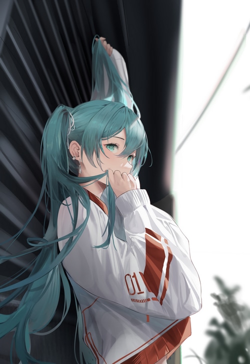 Hatsune Miku in a white jacket with orange accents