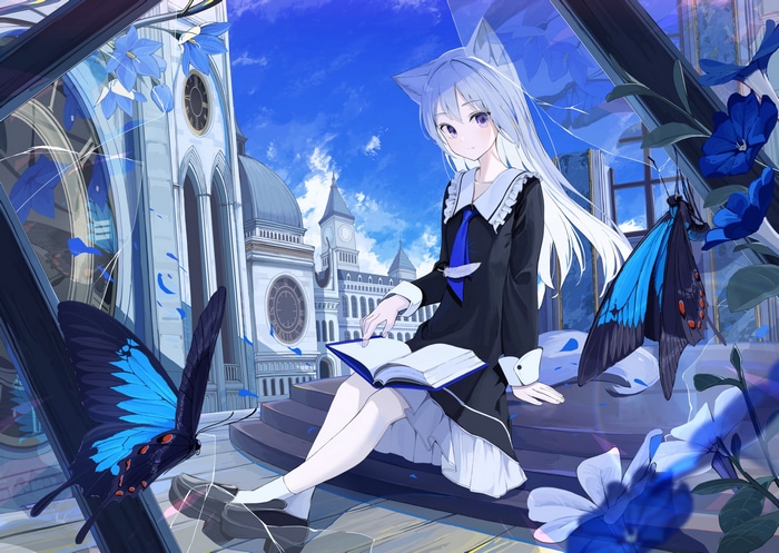Anime fox girl reading a book with butterflies