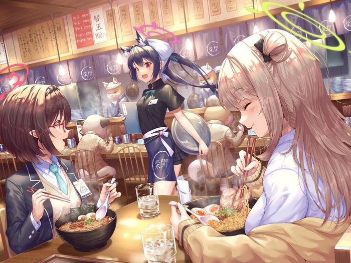 Anime girls eating ramen at a cafe