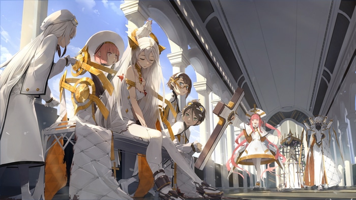 Alchemy Stars characters in a grand hall with crosses