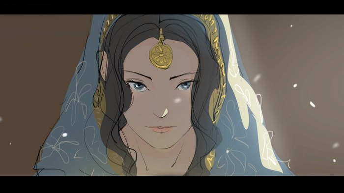 Fantasy girl with blue veil and gold jewelry